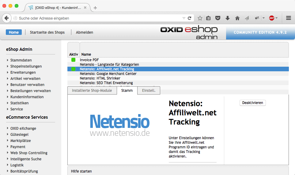 Affiliwelt.net Suivi des commandes pour OXID