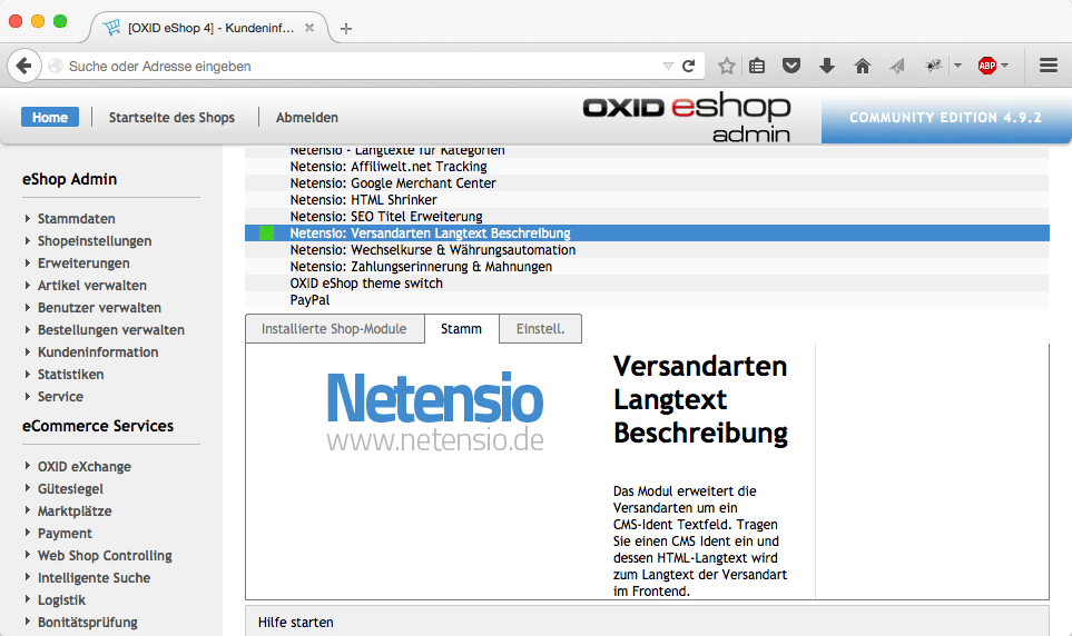 Versandarten HTML Beschreibung für OXID eShop